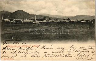 1900 Nagybánya, Baia Mare; látkép délről. Molnár Mihály kiadása / main square, shops