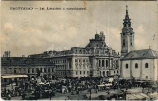 1907 Nagyvárad, Oradea; Szent László tér, Városháza, piac, Takarékpénztár, Weisz Mór üzlete. Helyfi László kiadása / square, town hall, market, savings bank, shops (kis szakadás / small tear)