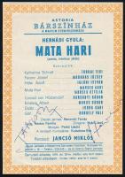 Jancsó Miklós és Hernádi Gyula autograph aláírásai Hernádi Gyula Matahari című darabjának szórólapján, Jancsó rendezésében