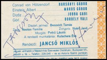 Jancsó Miklós és Hernádi Gyula autograph aláírásai Hernádi Gyula Matahari című darabjának szórólapjá...
