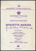 1998 Giulietta Masina és Mikes Lilla autográf aláírása budapesti tavaszi fesztivál műsor füzeten