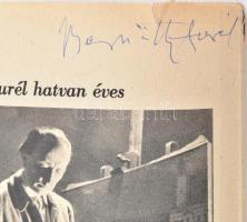 1955 Bernáth Aurél festőművész autográf aláírása öt ábrázoló újságkivágáson