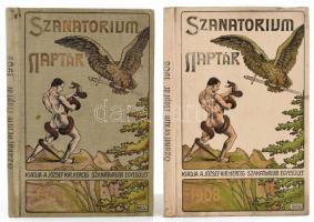 1908, 1909 Szanatorium Naptár. 2 évfolyam. Kiadja: József Király Herceg Szanatórium Egyesület. . Kiadói aranyozott, festetett egészvászon-kötés, Benne számos korabeli reklámmal, fekete-fehér fotókkal, érdekes írásokkal, egyik kissé kopottab, egy két lap kijár