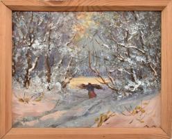 Deési Daday Gerő (1890-1979): Téli rőzsehordás. Olaj, vászon kartonra kasírozva, jelzett 24x19 cm Keretben
