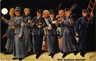 1917 Wir halten durch! / Nők helytállása az első világháborúban postásként, Vöröskeresztes ápolónőként, kéményseprőként, kalauzként és pásztorként / WWI K.u.k military, women as Red Cross nurses, postman, chimney sweepers, shepherds. C.H.W. VIII/2. 1916. Nr. 2421. s: A. Hartmann (EK)
