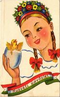 1940 Húsvéti üdvözlet, pártás magyar lány / Easter greeting, Hungarian folklore (kis szakadás / tiny tear)