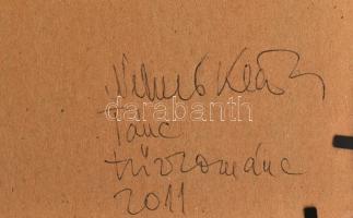 Németh Klára (1956-): Ölelkezők. Tűzzománc, fém lap, jelzés hátul, fa keretben, 30×13 cm