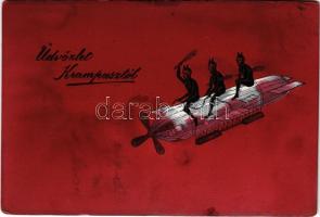 1911 Üdvözlet a Krampusztól, dombornyomott léghajós képeslap / Krampus on airship, embossed (kis szakadások / small tears)