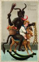 Bonne Année / Üdvözlet a Krampusztól, kisgyerek és hintaló / Krampus and little boy on rocking horse. litho (EK)