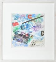 Lakner László (1936-): Hommage á Kassák Lajos, 1988. Vegyes technika, kollázs, papír. Jelezve jobbra...