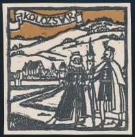 Kós Károly (1883-1977): Kolozsvár, színes linómetszet, papír, jelzett a dúcon, körbevágott, 9x9 cm