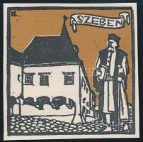 Kós Károly (1883-1977): Szeben, színes linómetszet, papír, jelzett a dúcon, körbevágott, 9x9 cm