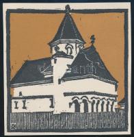 Kós Károly (1883-1977): Udvarház. Linómetszet, papír, jelzett a dúcon, körbevágott, 11x11 cm