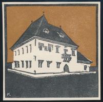 Kós Károly (1883-1977): Udvarház. Linómetszet, papír, jelzett a dúcon, körbevágott, 11x11 cm