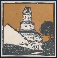 Kós Károly (1883-1977): Épület. Linómetszet, papír, jelzett a dúcon, körbevágott, 10,5x10,5 cm