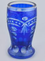 Kék kristály váza, csorbákkal, m: 14,5 cm