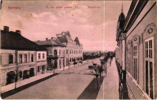 1914 Eperjes, Presov; M. kir. posta palota, Kassai út, üzletek. Divald Károly fia kiadása / post palace and street, shops