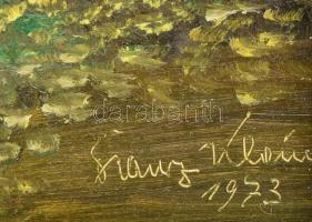 Franz Klein (1948) német festőművész: Falukép, 1973. Olaj,
OSB lemez, jelzett. Fa keretben: 60cm x ...