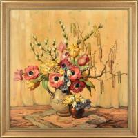 Paul Gericke (1876-1949) ismert, árverezett német festőművész: Virágcsendélet barkaágakkal. Olaj, vászon, jelzett. Fa keretben, 70cm x 60cm