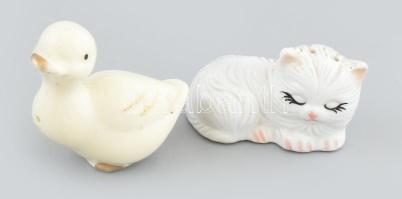Porcelán macska és kacsa formájú só és borsszóró