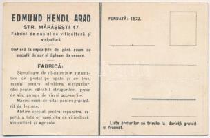 Arad, Hendl Ödön gépgyár reklámlapja. Szőlészeti és borászati gépek. Alapíttatott 1872. Bruchsteiner...