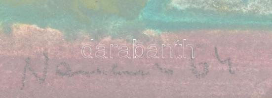 Nemcsics Antal (1927-2019): Tihanyi apátság, háttérben a Balaton. Vegyes technika, papír. Jelezve jo...