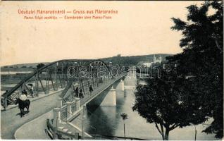 1912 Máriaradna, Radna (Lippa, Lipova); Maros folyó vashídja. Csauscher József kiadása 3018. (W.L. ?) / Eisenbrücke über Maros-Fluss / Mures river, bridge + "VÖRÖSTORONY - BUDAPEST 255. SZ. A" vasúti mozgóposta bélyegző (EK)