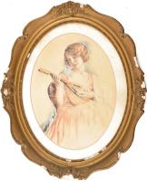Jelzés nélkül: Mandolinozó hölgy. Színezett rézkarc, papír, sérült keretben, 40x31,5 cm