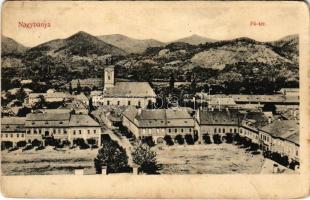 1912 Nagybánya, Baia Mare; Fő tér, üzletek. Frankovits A. kiadása / main square, shops (kopott sarkak / worn corners)