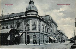 1906 Nagyvárad, Oradea; Kereskedelmi csarnok, Kurtág Dezső Lloyd kávéháza, üzletek. D.K. Bp. / trade hall, café, shops (ázott sarok / wet corner)