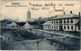 1906 Daruvar, Kupal. svratiste / Bade Hotel / Fürdő szálloda és vendéglő, templom. F. Cimic kiadása / spa, hotel and restaurant, church + "BARCS - PAKRACZ 139. SZ." vasúti mozgóposta bélyegző (EK)