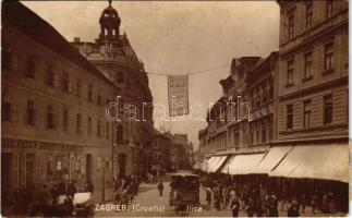 1907 Zagreb, Zágráb; Ilica / utca, lóvasút, üzletek / street view, horse-drawn tram, shops. Oranotypie (EK)