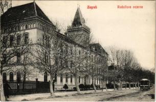Zagreb, Zágráb; Rudolfova vojarna / K.u.K. military barracks, street view, tram