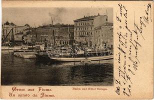 1899 (Vorläufer) Fiume, Rijeka; Hafen und Hotel Europe / kikötő és Európa szálloda, gőzhajók / port, hotel, steamships (EK)