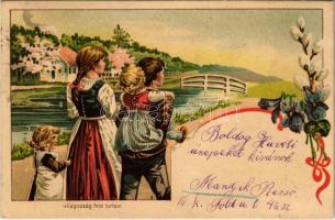 1907 Húsvéti üdvözlet. Világosság felé tartandó lap / Easter greeting art postcard. hold to light litho (EK)
