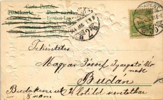 1903 Boldog Újévet! / New Year greeting art postcard. Art Nouveau, floral, Emb. litho (lyuk / pinhol...