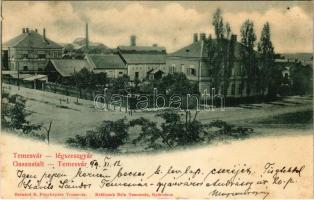1899 (Vorläufer) Temesvár, Timisoara; Légszeszgyár (gázgyár). Bernárd E. fényképész, Králicsek Béla kiadása / Gasanstalt / gasworks, gas factory