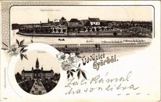 1899 (Vorläufer) Győr, Radó tér, Újváros, Városháza, zsinagóga, híd. Polgár Bertalan kiadása. Art Nouveau, floral, litho