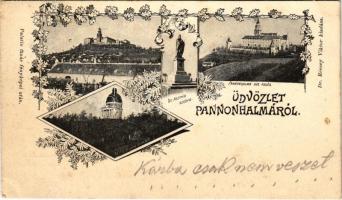 1899 (Vorläufer) Pannonhalma, Szent Asztrik szobra, Millenniumi emlékmű, Apátság dél felől. Palatin tanár fényképei után. Dr. Récsey Viktor kiadása. Art Nouveau, floral (fl)