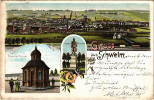 1899 (Vorläufer) Schwelm, Schwelmer Brunnen, Kaiser-Denkmal / general view, spring source, fountain, monument. Art Nouveau, floral, litho (EK)