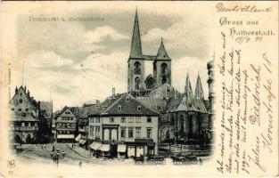 1899 (Vorläufer) Halberstadt, Fischmarkt u. Martinikirche / market square, shops, church (EK)