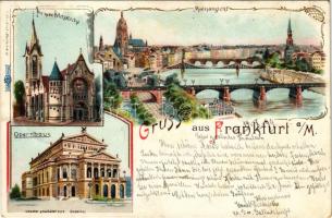 1899 (Vorläufer) Frankfurt am Main, Die neue Peterskirche, Mainansicht, Opernhaus / new church, bridge, operahouse. Art Nouveau, floral, litho (EK)