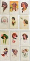 115 db nagyrészt szignós művészlap : hölgyek, párok, divat, ragyogás, albumban / 115 mostly artist s...
