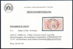 1850 2 x 3kr MP III rosa red on cutting "SÁRKERESZTÚR" Certificate: Steiner 1850 2 x 3kr M...