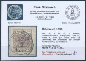 6kr MP III dark reddish brown on cutting "FIUME" Certificate: Strakosch 6kr MP III sötét v...