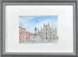 Olvashatatlan jelzéssel: Milánói dóm. Akvarell, papír, keretben, 12x17 cm