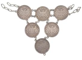 Német Birodalom 1896-1911. 1M Ag (6xklf) mind füllel, nyaklánccá alakítva T:2-3 a lánc része sérült, hiányos, patina German Empire 1896-1911. 1 Mark Ag (6xdiff) all with ear, refurbished to necklace C:part of the chain is damaged, incomplete, patina