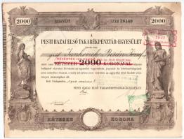 1924. Pesti Hazai Első Takarékpénztár Egyesület névre szóló részvénye 2000K-ról, felülbélyegezve 100P-re, vízjeles papíron, szárazpecséttel, bélyegzésekkel és szelvényekkel T:I-,II