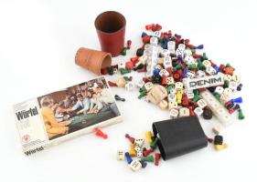 Társasjátékokhoz dobókockák és színes műanyag és fa bábuk, 246 db és 3 db kockavető pohár + kockajáték saját dobozában, leírással