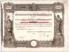 1923. Pesti Hazai Első Takarékpénztár Egyesület névre szóló részvénye 6000K-ról, felülbélyegezve 100P-re, vízjeles papíron, szárazpecséttel, bélyegzésekkel és szelvényekkel T:I-